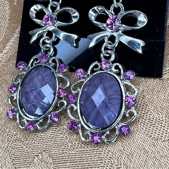 PINK PURPLE DANGLE EARRINGS GLAM RETRO EVENT PROM EVENING COSTUME - Picture 4 of 9